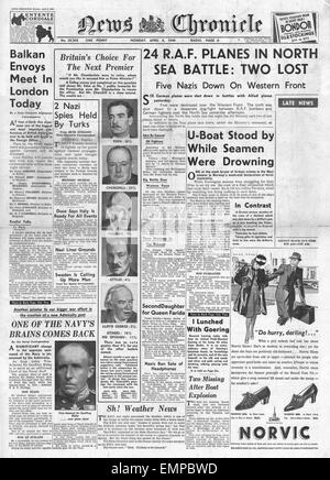 1940 Titelseite News Chronicle RAF Schlachten die Luftwaffe über der Nordsee Stockfoto