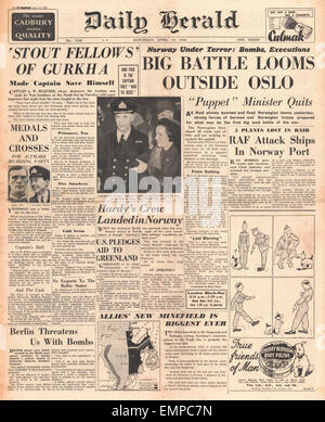 1940-Titelseite Daily Herald Schlacht von Norwegen Stockfoto