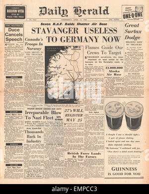 1940-Titelseite Daily Herald-Kampf um Norwegen Stockfoto