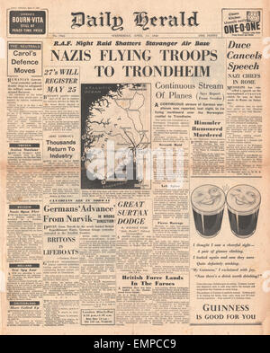 1940-Titelseite Daily Herald-Kampf um Norwegen Stockfoto