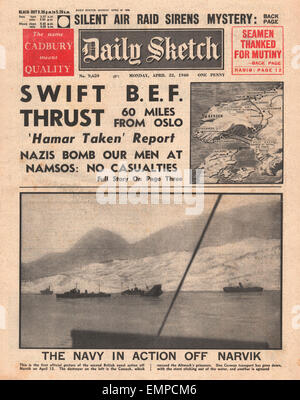 1940-Titelseite Daily Sketch Battle für Norwegen Stockfoto