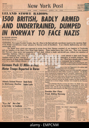 1940-Titelseite New York Post Kritik der britischen Truppen in Norwegen Stockfoto