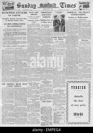 1940-Titelseite Sunday Times Kampf um Norwegen Stockfoto