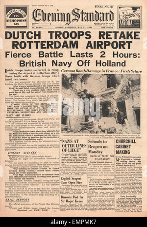 1940-Titelseite Abend Standard niederländische Truppen nehmen neu Rotterdam Airport Stockfoto