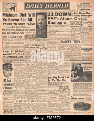 1940-Titelseite Daily Herald Luftschlacht um England Stockfoto