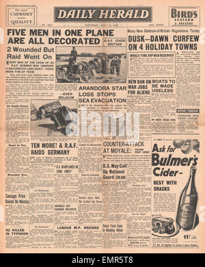 1940-Titelseite Daily Herald Luftschlacht um England Stockfoto