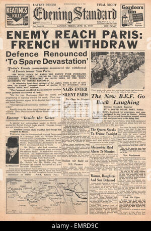 1940-Titelseite Evening Standard (London) Bundeswehr tritt in Paris Stockfoto