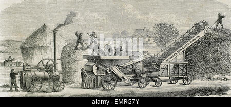 Dreschmaschine mit Dampf. Industrielle Revolution. Gravur. 19. Jh. Stockfoto