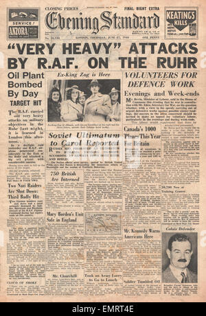 1940-Front page Abend Standard RAF Bombenangriffe über Deutschland Stockfoto