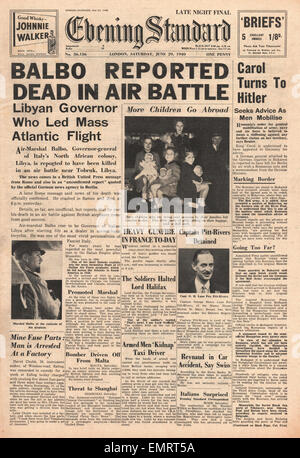 1940-Titelseite Evening Standard (London) Air Marshall Balbo Killed über Libyen Stockfoto