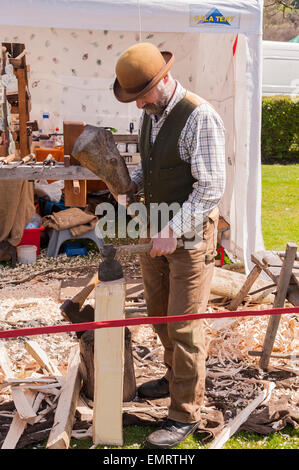 Ein Mann teilen Protokolle auf Framlingham Castle Country Show in Framlingham, Suffolk, England, Großbritannien, Uk Stockfoto