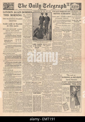 1940-Titelseite Daily Telegraph London bombardiert wird Stockfoto