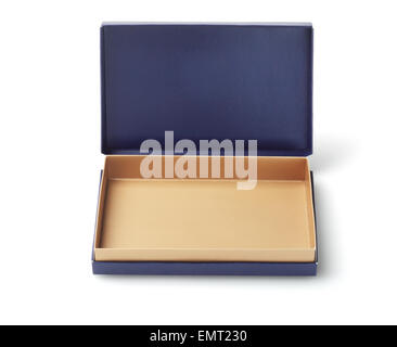 Leere blaue Kästchen auf weißem Hintergrund Stockfoto