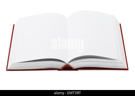 Offenen Hardcover-Buch mit leeren Seiten auf weißem Hintergrund Stockfoto