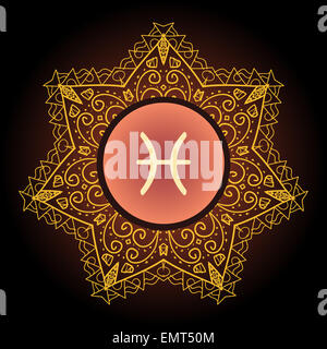 Sternzeichen der Fische (Pisces) auf kunstvollen orientalischen Mandala Motiv Muster Stockfoto