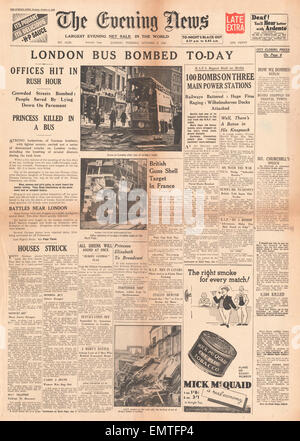 1940-Titelseite Evening News (London) London von Luftwaffe bombardiert Stockfoto