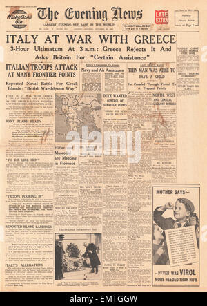 1940-Titelseite Evening News Italien im Krieg mit Griechenland Stockfoto