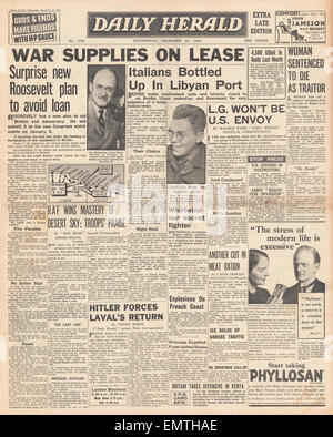 1940 Titelseite Daily Herald britische Panzer führen Angriff auf italienischen Stützpunkt der Bardia U.S.-Krieg-Versorgungsmaterialien nach Großbritannien auf Leasing Stockfoto