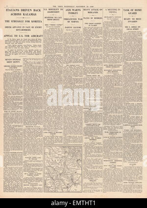 1940-Seite 4 The Times griechischen Armee Laufwerk Italiener über Kalamas Fluss Midlands Städte bombardiert zurück Stockfoto
