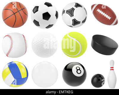 Satz von Sportbälle, Fußball, Basketball, bowling, Rugby, Tennis, Volleyball, Eishockey, Baseball, Billard, Golf, Puck. Stockfoto