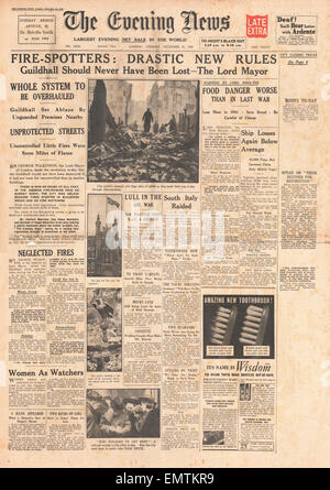 1940-Front page Evening News (London) Blitz Bombardierung Londons Stockfoto