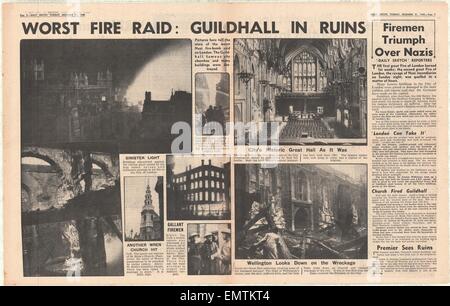 1940-Center Seite Daily Sketch Blitz Bombardierung Londons Stockfoto