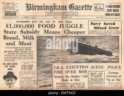 1940 Titelseite Birmingham Gazette Lebensmittelsubventionen Stockfoto