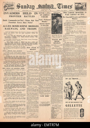 1940 Titelseite Sonntag Mal niederländischen verkünden, dass deutsche Invasion aktiviert ist Stockfoto