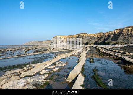 Schichten von Sedimentgestein bilden interessante Muster am Strand und in den Klippen am Kilve in Somerset, England, UK Stockfoto