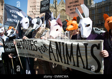 London, UK, 23. April 2015. Prominente und Aktivisten für den Tierschutz Parlamentswahlen Laufwerk. Ein Aktionstag unter anderem einen Marsch auf Parlament markiert den Start der Kampagne "Stimmen für Tiere" die Bedeutung der Fragen des Tierschutzes in den allgemeinen Wahlen.  Ziel der Kampagne ist, um die Öffentlichkeit auf ihre lokalen Kandidaten auf die Frage des Tierschutzes woran zu informieren und bei der Abstimmung berücksichtigt. Bildnachweis: Michael Kemp/Alamy Live-Nachrichten Stockfoto