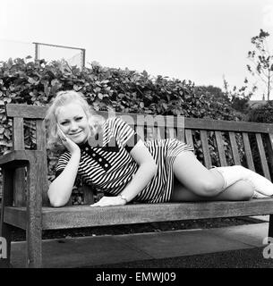 Täglicher Spiegel "Herbst Bird" Karen Singleton (17) nimmt eine Auszeit von der Arbeit hinter ihrer Väter Pub, The White Horse Tavern in Westhoughton, Bolton, Lancashire 8. Oktober 1970. Stockfoto