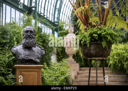 Büste von Leopold II., König der Belgier an die königlichen Gewächshäuser von Laeken, Park Royal Palace von Laken, Brüssel, Belgien Stockfoto