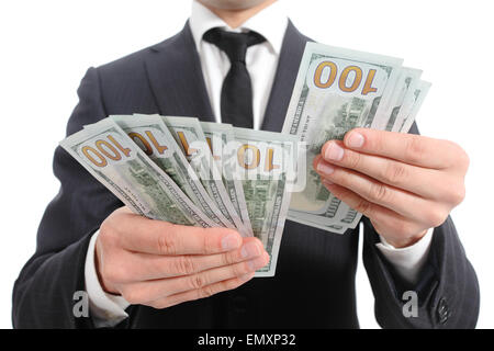 Close up Portrait of a Business Mannhände zählen Banknoten isoliert auf weißem Hintergrund Stockfoto