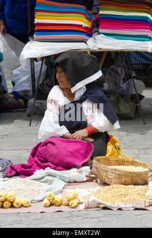 Frau Kaufmann mit Produkten auf dem Display zum Verkauf an Otavalo Markt, Ecuador Stockfoto