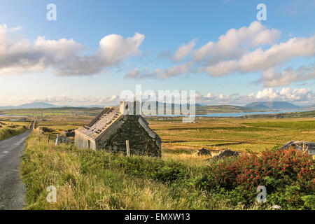 Auenlandschaft und Ruine in der Nähe von Portmagee, County Kerry, Irland Stockfoto