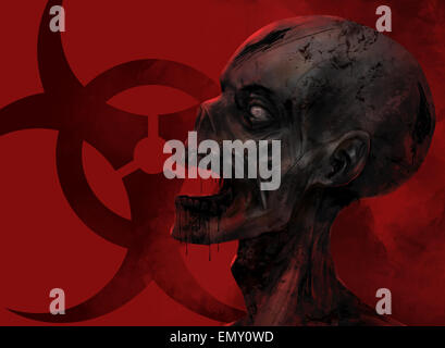 Zombie-Gesicht Nahaufnahme. Fantasie Toten Zombie Gesicht starrte auf die chemischen Gefahrenzeichen auf rotem Hintergrund Illustrationskunst. Stockfoto