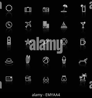 Sommer-Linie-Icons mit Spiegeln auf schwarzem Hintergrund, Lager Vektor Stock Vektor