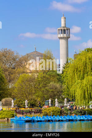Der Regents Park mit Bootstouren auf dem See und der Central Mosque in London, England, Großbritannien Stockfoto