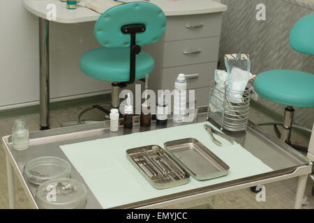 Das Foto von einer Zahnarztpraxis in der gibt es ein kleinen Tisch mit Werkzeugen. Stockfoto