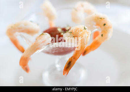 Schöne Rute Krabbencocktail mit pikanten Meerrettichsauce serviert Stockfoto