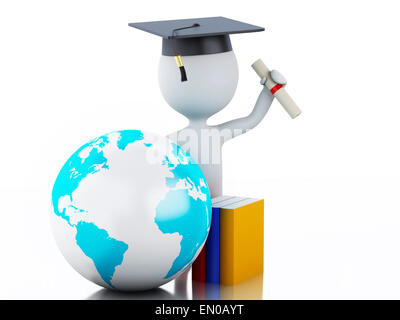 Weiße Leute Abschluss mit Diplom, Promotion-Kappe, Erdkugel und Bücher. Isolierten weißen Hintergrund. 3D Renderer Abbildung. Stockfoto