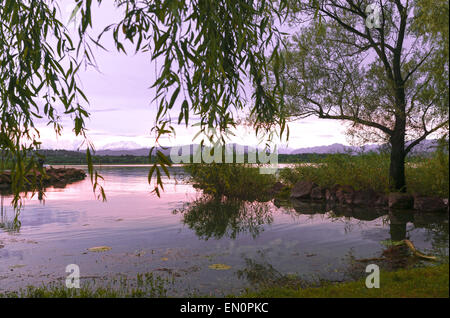 Farbenprächtigen Sonnenuntergang über dem Lago di Varese in einem Sommer am Nachmittag Vier vom kleinen Hafen von Cazzago Brabbia, Varese - Lombardei, Italien Stockfoto