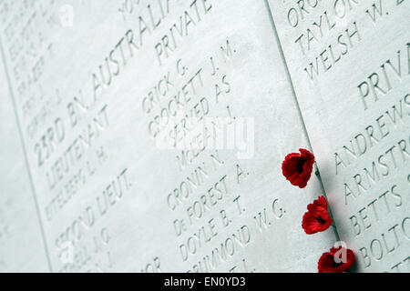 Eine Linie von Mohn sind eingebettet in eine Lücke in das Menentor (Menenpoort), die britischen und Commonwealth erinnert Soldaten Kil Stockfoto