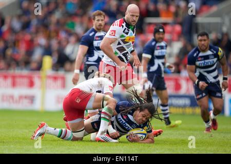 Verkauf, UK. 25. April 2015. Aviva Premiership Rugby. Sale Sharks vs. Harlekine. Sale Sharks Flanker TJ Johanne in Angriff genommen wird. Bildnachweis: Aktion Plus Sport/Alamy Live-Nachrichten Stockfoto