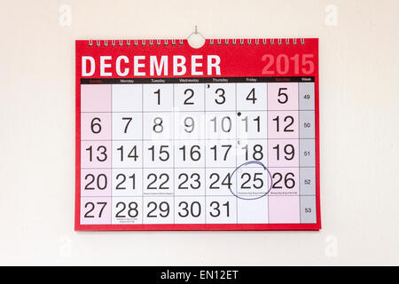 Wand-Monatskalender eingekreist Dezember 2015, Weihnachten Stockfoto