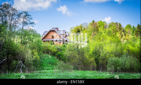 Schöne Holzhaus auf einem Hügel irgendwo im Wald Stockfoto