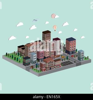 flache isometrische Stadt Leben 3D-Illustration über hellen Hintergrund Stock Vektor
