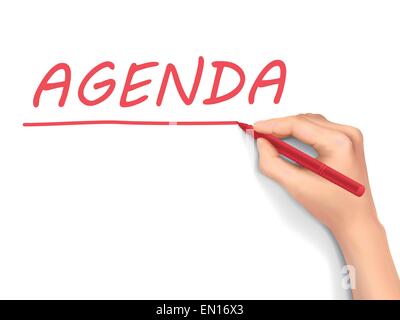 Tagesordnung-Wort geschrieben von Hand auf einer transparenten Tafel Stock Vektor