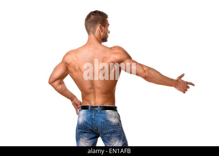 Rückseite eines jungen Mannes mit gut trainierter Körper, Trizeps, Lats und rautenförmigen Muskel- und tragen eine Denim-Hosen Stockfoto