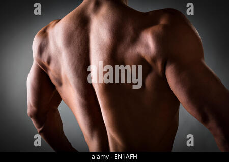 Rückseite eines jungen Mannes mit gut trainierter Körper, Trizeps, Lats und rautenförmigen Muskel Stockfoto